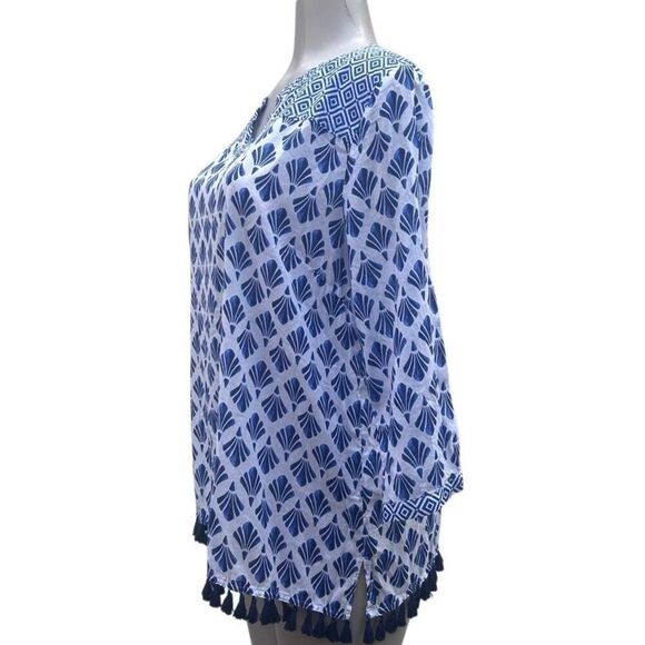 Talbots Boho Top Women's Large Blue & White Printed Cotton Tassel Fringe Trim - Picture 8 of 13